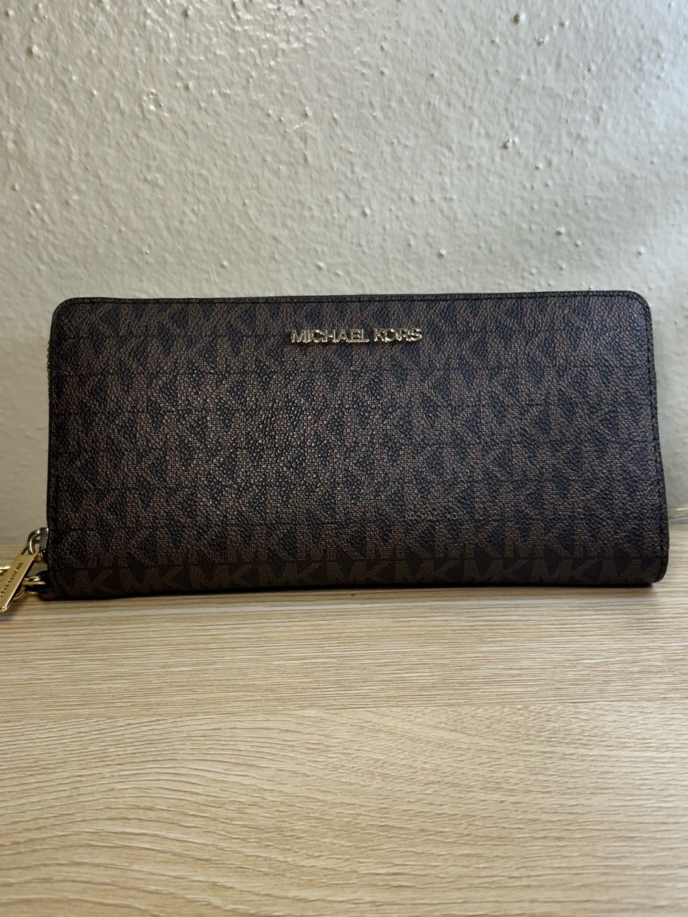 Michael Kors Dark Brown Signature Zip Wallet with Gold Logo